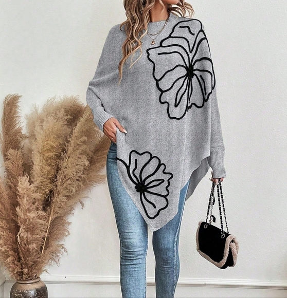 Sweaters - Floral Pattern Batwing Sleeve Asymmetrical Hem Sweater